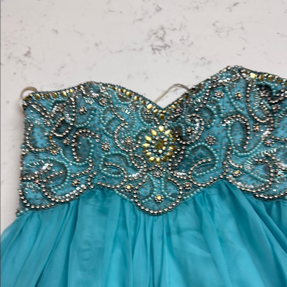 Sherri Hill Blue and Silver Embellished Bustier Gown